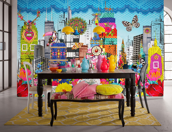 Fotomural de ciutat decoració original de colors vius i llamatius