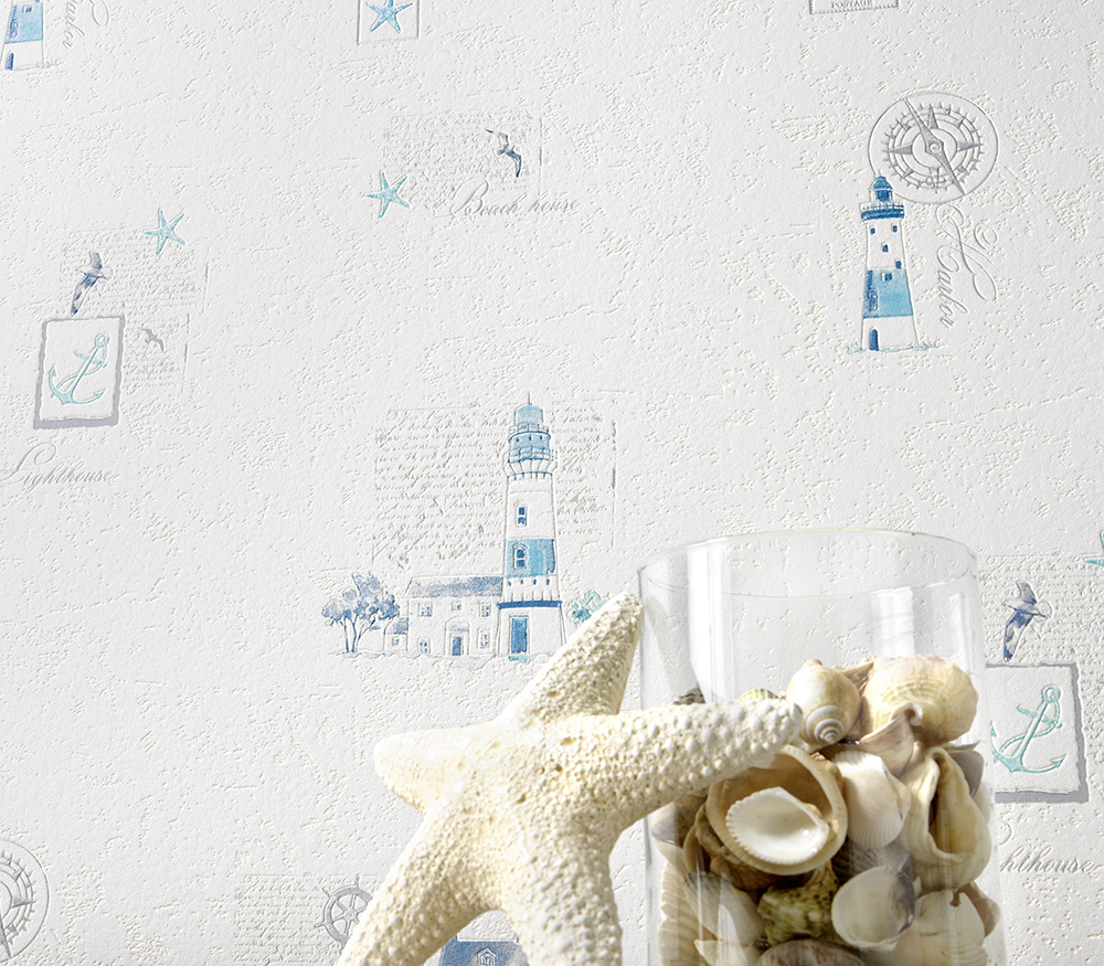 Paper pintat decoració bany , far blau cel